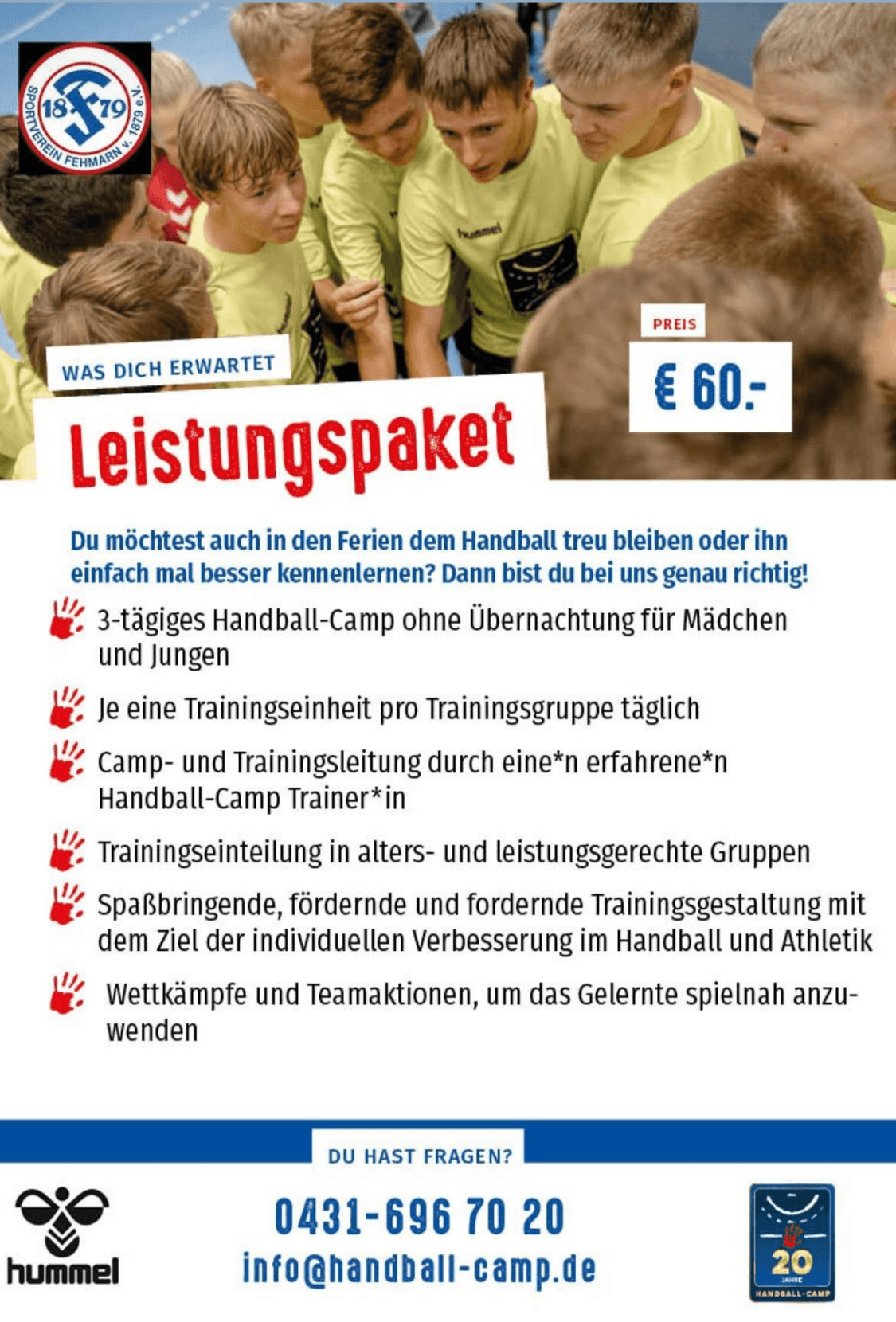 Ein Flugblatt wirbt für ein dreitägiges Handball-Camp für Kinder, das 60 € kostet. Er zeigt Jungen in Sportkleidung, die sich zusammenkauern, Einzelheiten zum Camp, Aktivitäten und Kontaktinformationen. Die Farben Rot, Blau und Weiß dominieren, mit dem Logo und dem Sponsor am unteren Rand.