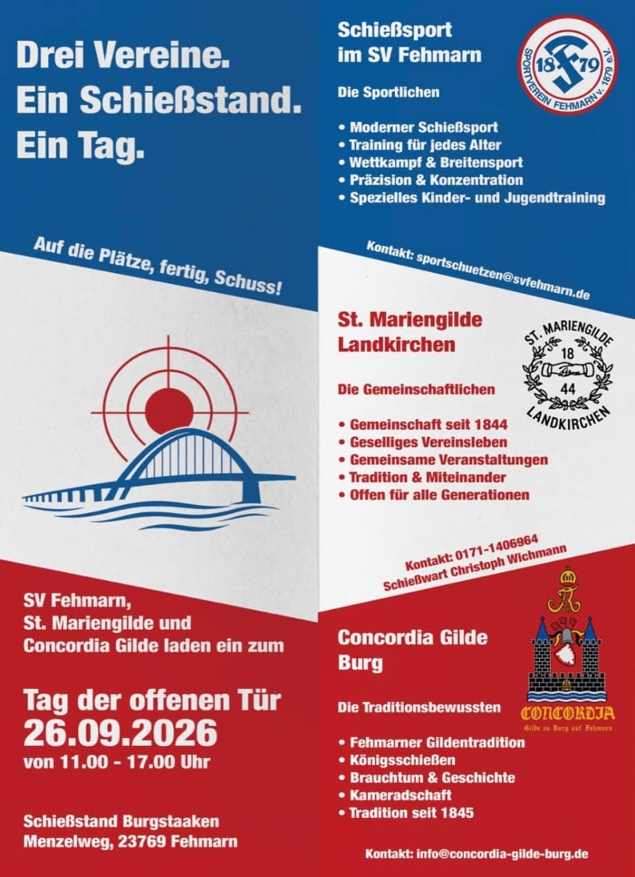Flyer Tag der offenen Tür am 26.09.2026, 11 bis 17 Uhr, Schießstand Burgstaaken, mit SV Fehmarn und zwei Gilden