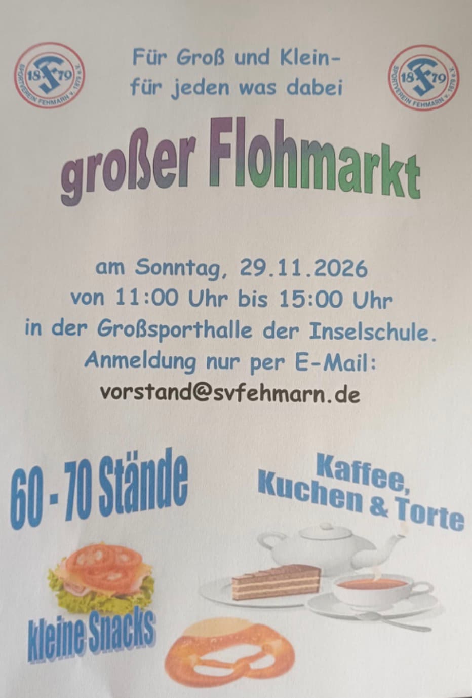Plakat großer Flohmarkt am Sonntag, 29.11.2026, 11 bis 15 Uhr, Großsporthalle der Inselschule