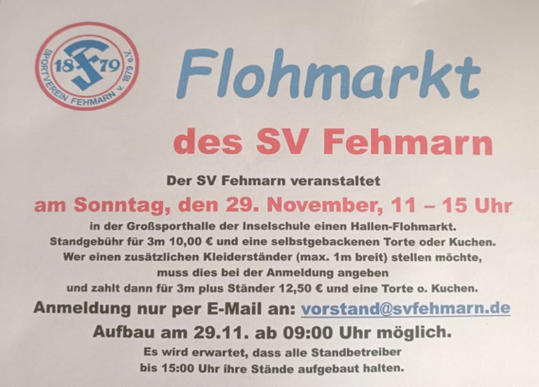 Aushang Flohmarkt des SV Fehmarn am 29. November mit Standgebühr und Anmeldung per E-Mail