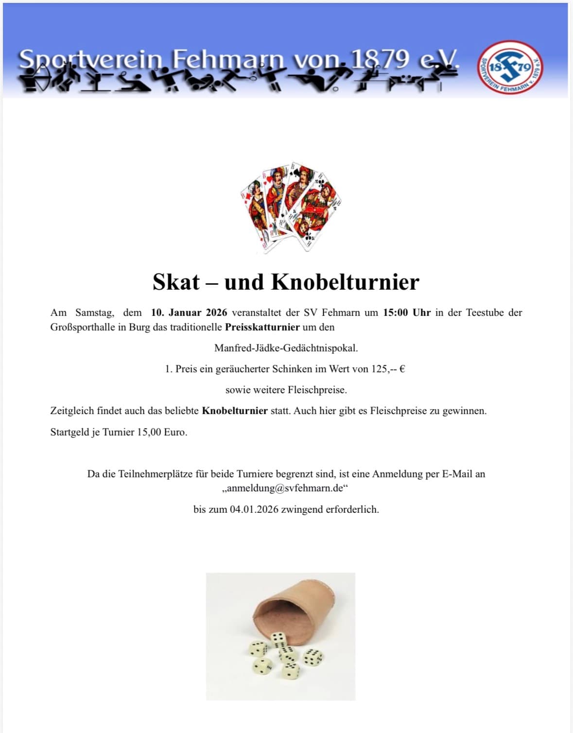 Aushang Skat- und Knobelturnier am 10. Januar 2026, 15 Uhr, Teestube der Großsporthalle Burg