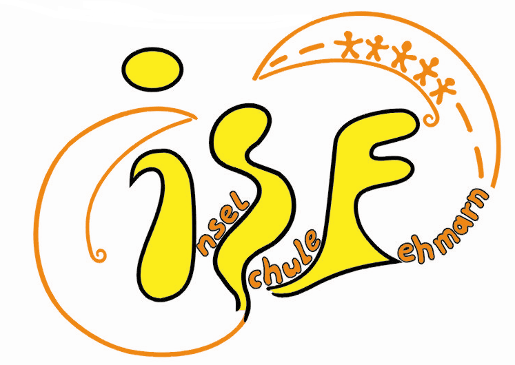 Logo mit stilisiertem gelben Text mit der Aufschrift Insel Schule Ehmann, umgeben von orangefarbenen Kurven, fünf orangefarbenen Strichmännchen und dekorativen Elementen.